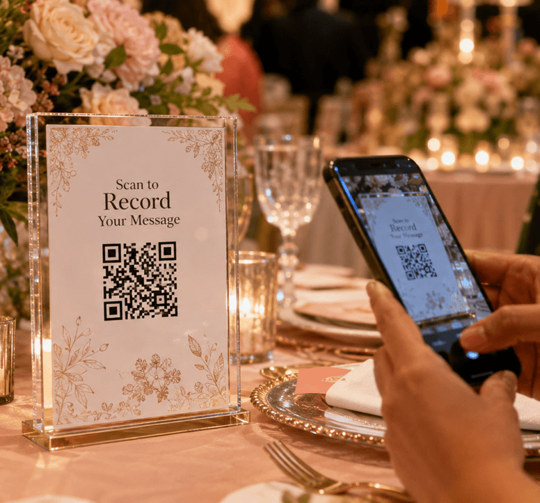 PalStory QR display card placed on an event table while a guest scans it